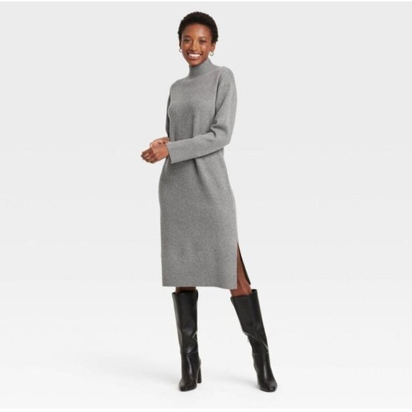 A New Day Midi Gray Sweater Dress Side Slit High Neck Long Sleeve XS NWT - Picture 1 of 12